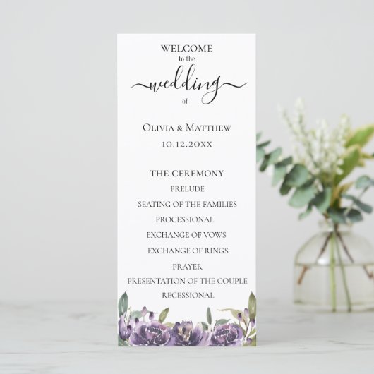 Lila Botanisches Hochzeitsprogramm für Wasserfarbe Programm (Stehend Vorderseite)