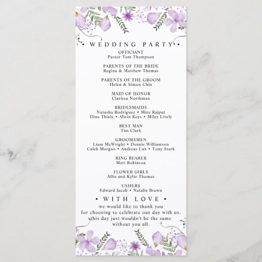 Lila Botanisches Hochzeitsprogramm Menükarte (Rückseite)