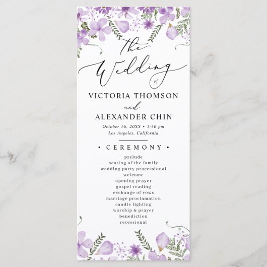 Lila Botanisches Hochzeitsprogramm Menükarte (Vorderseite)