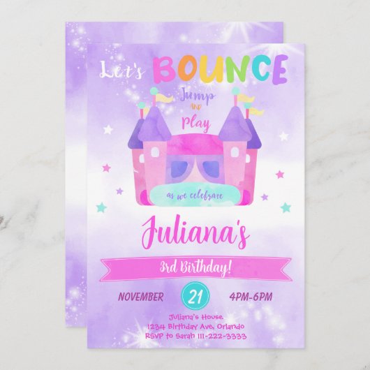 Lila Bounce House Einladung zum Geburtstag (Vorne/Hinten)