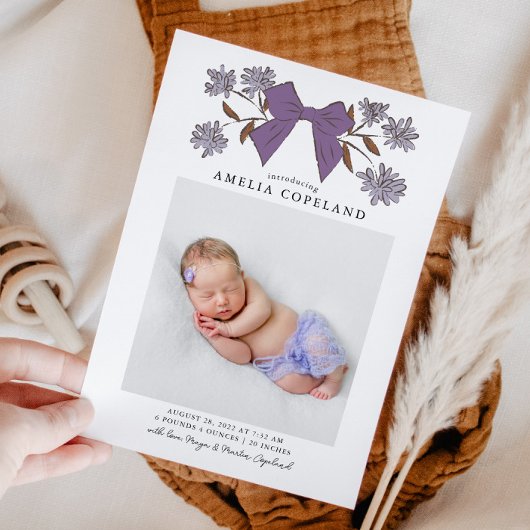 Lila Bow Baby Foto Geburtserklärung Ankündigung