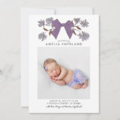 Lila Bow Baby Foto Geburtserklärung Ankündigung (Vorderseite)