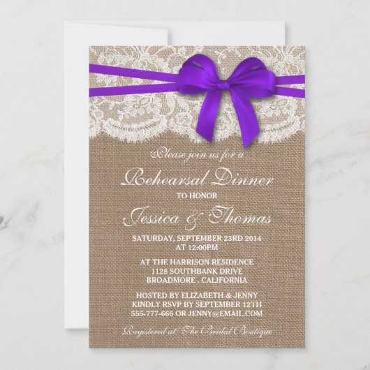 Lila Bow Burlap & Lace Hochzeit Probe Dinner Einladung (Vorderseite)