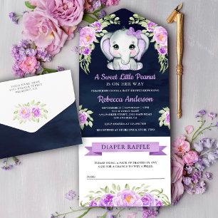Lila Bow Floral Elephant Navy Blue Baby Dusche All In One Einladung