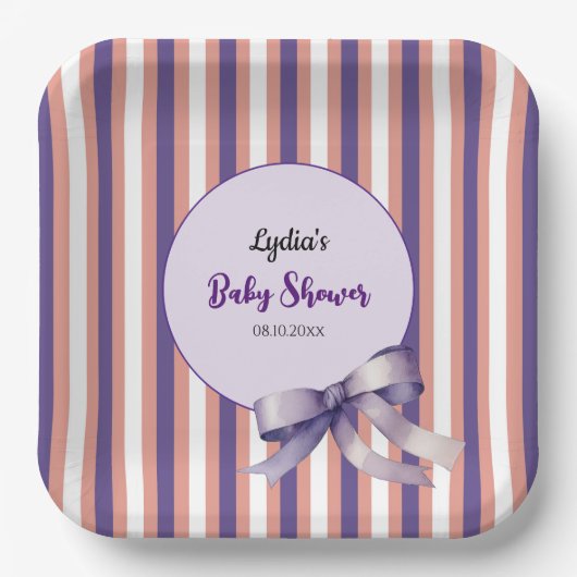 Lila Bow Lines Moderne Babydusche Pappteller (Vorderseite)