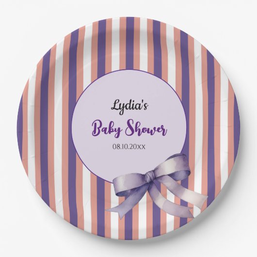 Lila Bow Lines Moderne Babydusche Pappteller (Vorderseite)