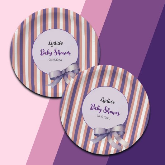 Lila Bow Lines Moderne Babydusche Pappteller