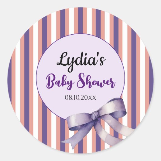 Lila Bow Lines Moderne Babydusche Runder Aufkleber (Vorderseite)