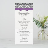 Lila Bow mit Damask Wedding Empfang Menu Menükarte (Stehend Vorderseite)