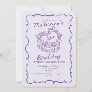 Lila Bow Retro Herz Coquette Kuchen 21. Geburtstag Einladung