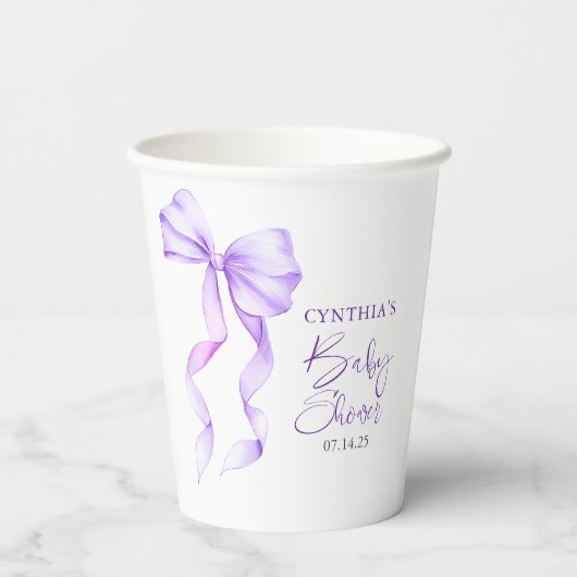 Lila Bow Ribbon Babydusche Pappbecher (Rückseite)