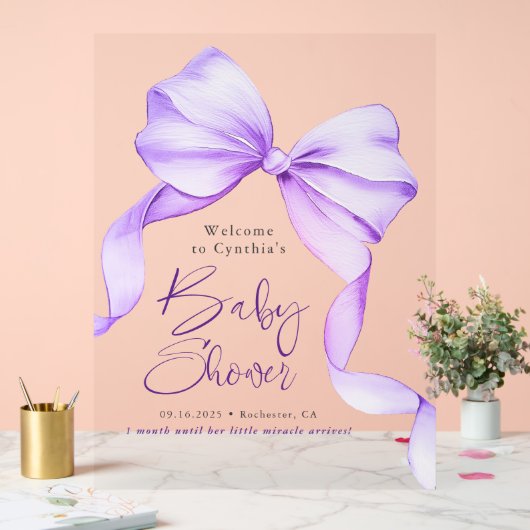 Lila Bow Ribbon Babydusche Willkommen Acrylschild (Hochzeit)