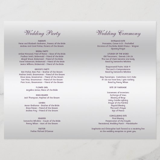 Lila Bow Silver Sequins Hochzeitsprogramm (Rückseite)