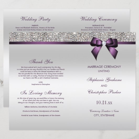 Lila Bow Silver Sequins Hochzeitsprogramm (Vorne/Hinten)