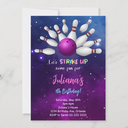 Lila Bowling Einladung zum Geburtstag (Vorderseite)