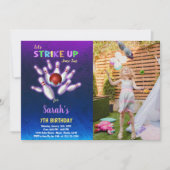 Lila Bowling Geburtstag Einladungen mit Foto (Vorderseite)