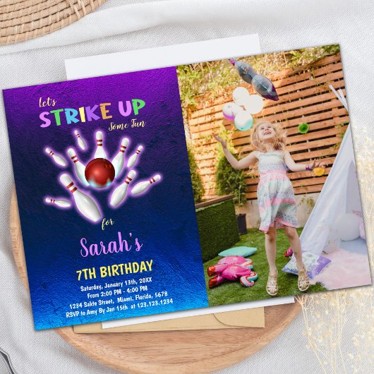 Lila Bowling Geburtstag Einladungen mit Foto