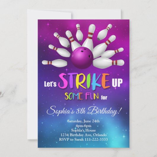 Lila Bowling macht Spaß Einladung (Vorderseite)