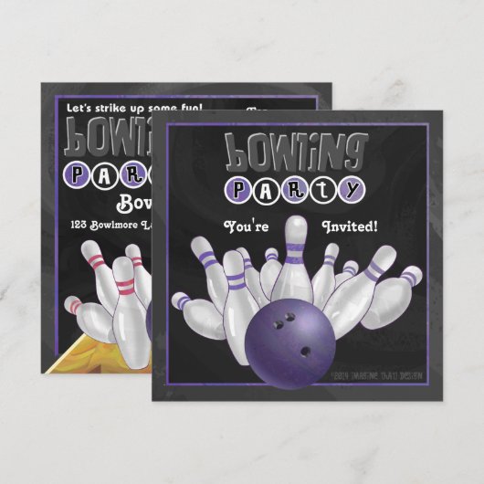 Lila Bowling-Party Einladung (Vorne/Hinten)