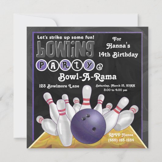 Lila Bowling-Party Einladung (Rückseite)