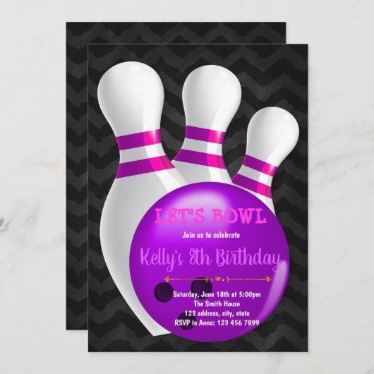 Lila Bowlings-Party Einladung (Vorne/Hinten)
