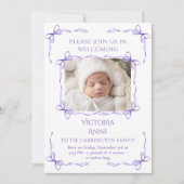 Lila Bows Baby Foto Geburtskarte Ankündigung (Vorderseite)