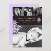 Lila & braun Damask Geburtserklärung Ankündigung (Vorne/Hinten)