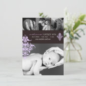 Lila & braun Damask Geburtserklärung Ankündigung (Stehend Vorderseite)