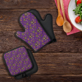 Lila braune natürliche Blume Ofenhandschuh & Topflappen-Set