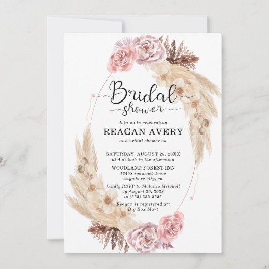 Lila Brautparty aus getrocknetem Pampas Einladung (Vorderseite)