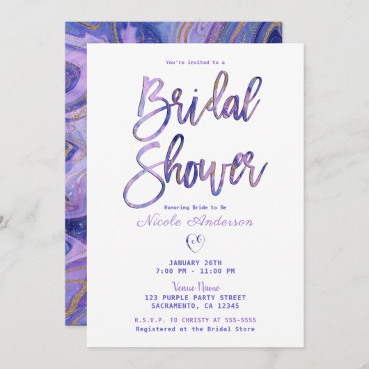 Lila Brautparty aus weißem Goldmarmor Einladung (Vorne/Hinten)