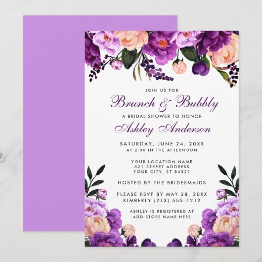 Lila Brautparty Brunch Einladung V (Vorne/Hinten)
