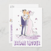 Lila Brautparty Cartoon Braut & Groom Hochzeit Einladungspostkarte (Vorne/Hinten)