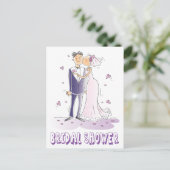 Lila Brautparty Cartoon Braut & Groom Hochzeit Einladungspostkarte (Stehend Vorderseite)