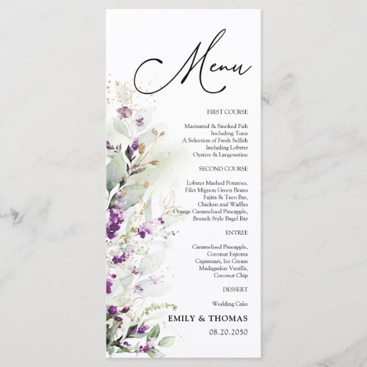 Lila Brautparty "Greenery Lavender" Menükarte (Vorderseite)