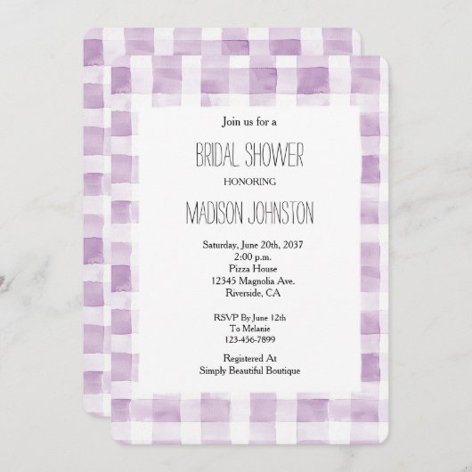 Lila Brautparty mit Karierten Streifen Einladung (Vorne/Hinten)