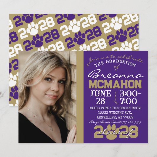 Lila & Bronze Pawprint Abschluss Foto Einladung (Vorne/Hinten)