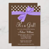 Lila Brown Bow Polka Dot Baby Dusche Einladungen (Vorne/Hinten)