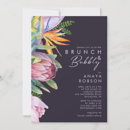 Lila Brunch mit tropischer Flora und Bubbly Einladung (Vorderseite)
