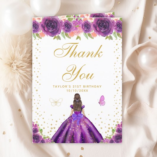 Lila Brünette Blumenhaar Geburtstagsparty Dankeskarte