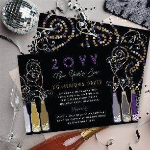 Lila Bubbly Flaschen Wirbel Silvester Party Einladung