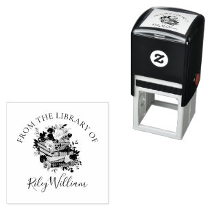 Lila Buch und Rosen Exlibris Permastempel
