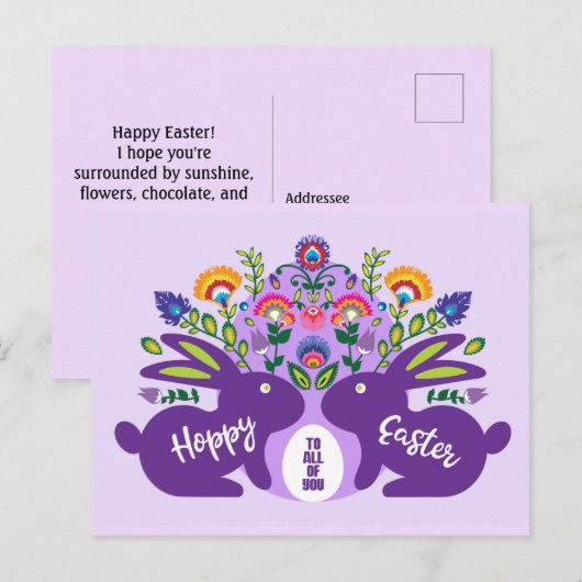 Lila Bunnies mit eigenem Folklore-Touch Postkarte (Vorne/Hinten)
