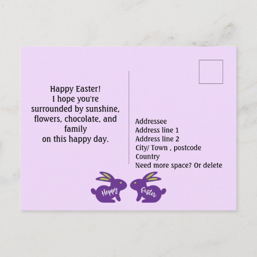 Lila Bunnies mit eigenem Folklore-Touch Postkarte (Rückseite)