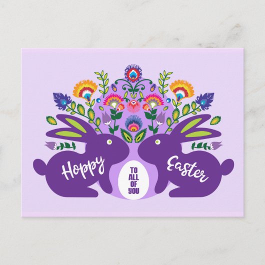 Lila Bunnies mit eigenem Folklore-Touch Postkarte (Vorderseite)