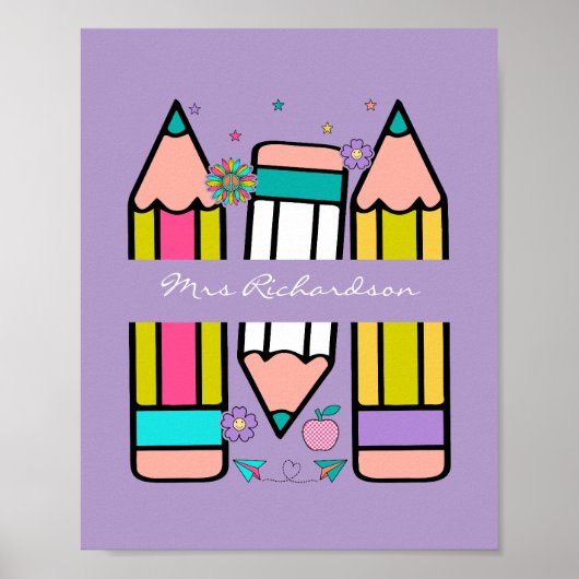 Lila buntes Lehrer Cartoon Bleistift Poster (Vorne)