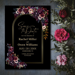 Lila Burgund-Schwarze-Flora-Hochzeit Save The Date