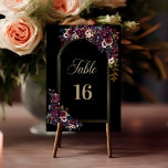Lila Burgund-Schwarze-Flora-Hochzeit Tischnummer<br><div class="desc">Lila burgundische Tischnummer mit schwarzem Blumenbogen.</div>