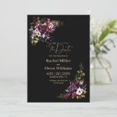 Lila Burgunder Schwarzer Flora Hochzeit speichern Save The Date (Stehend Vorderseite)