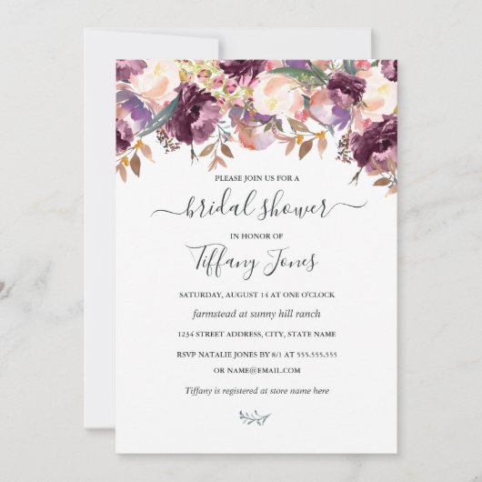 Lila Burgundy Bloral Bloom Brautparty Einladung (Vorderseite)